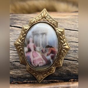 Transfer Brooch or Pendant w/Gold Tone Bezel & Frame Rollover Clasp 1.5" X 1.25"